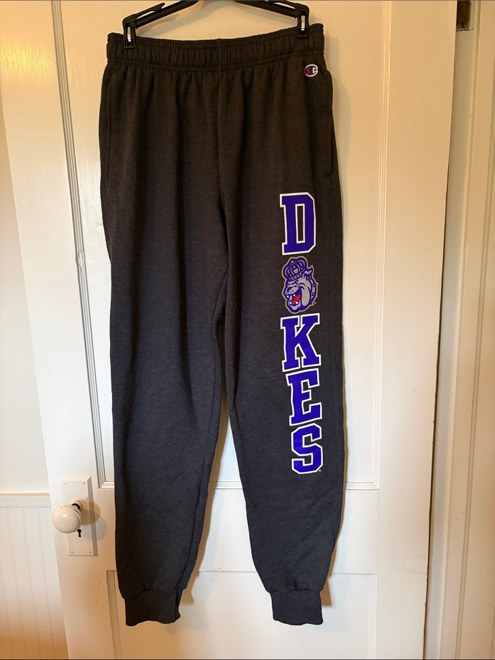 Champion Men’s Charcoal Sweatpant joggers with Purple 'DUKES' Graphic